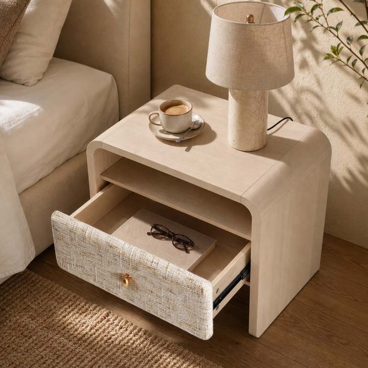 Dione Nightstand with Pebble Handle & Open Shelf - Natural Wood