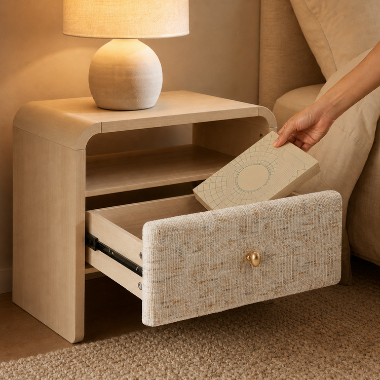 Dione Nightstand with Pebble Handle & Open Shelf - Natural Wood