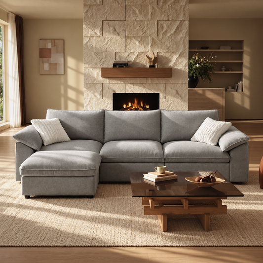 Gray L-shaped sofa with matching ottoman and white pillows in a sunlit living room