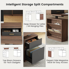 A furniture feature collage shows a desk with a shallow top drawer, a deep file drawer, and a side magazine rack, alongside line drawings of the storage compartments.