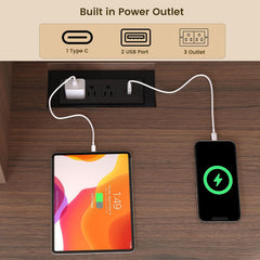 A recessed power panel in a wood-grain surface charges a tablet and phone; above it, diagrams show one Type-C port, two USB ports, and three outlets.
