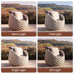 Four panels compare the same round woven outdoor lounge chair under warm, cool, bright, and dim lighting