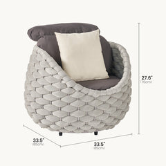 A measurement graphic shows a round gray woven lounge chair with thick dark cushions and a white pillow