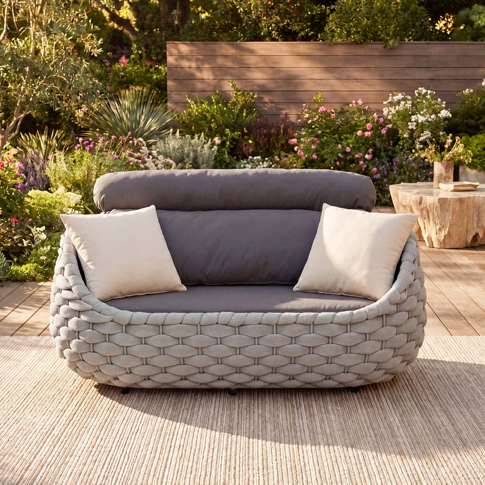 Gray woven outdoor loveseat with dark seat cushions and two light throw pillows, Flowering garden surrounds a wooden deck