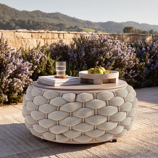 27.6" Round Outdoor Coffee Table, Eggshell Sintered Stone Top