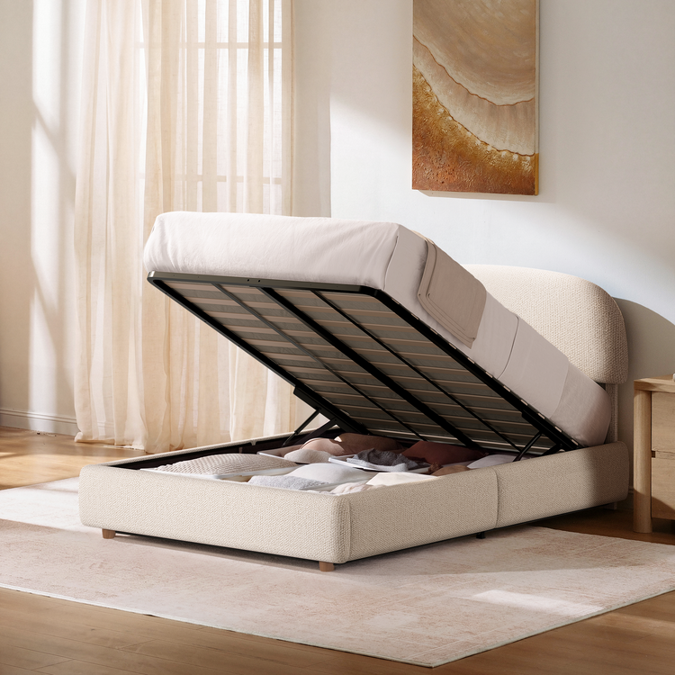 Elara Full Lift-Up Storage Bed Frame with Adjustable Headboard, Beige