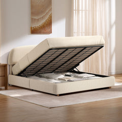 Storage bed shown with its black slat platform lifted over the compartment