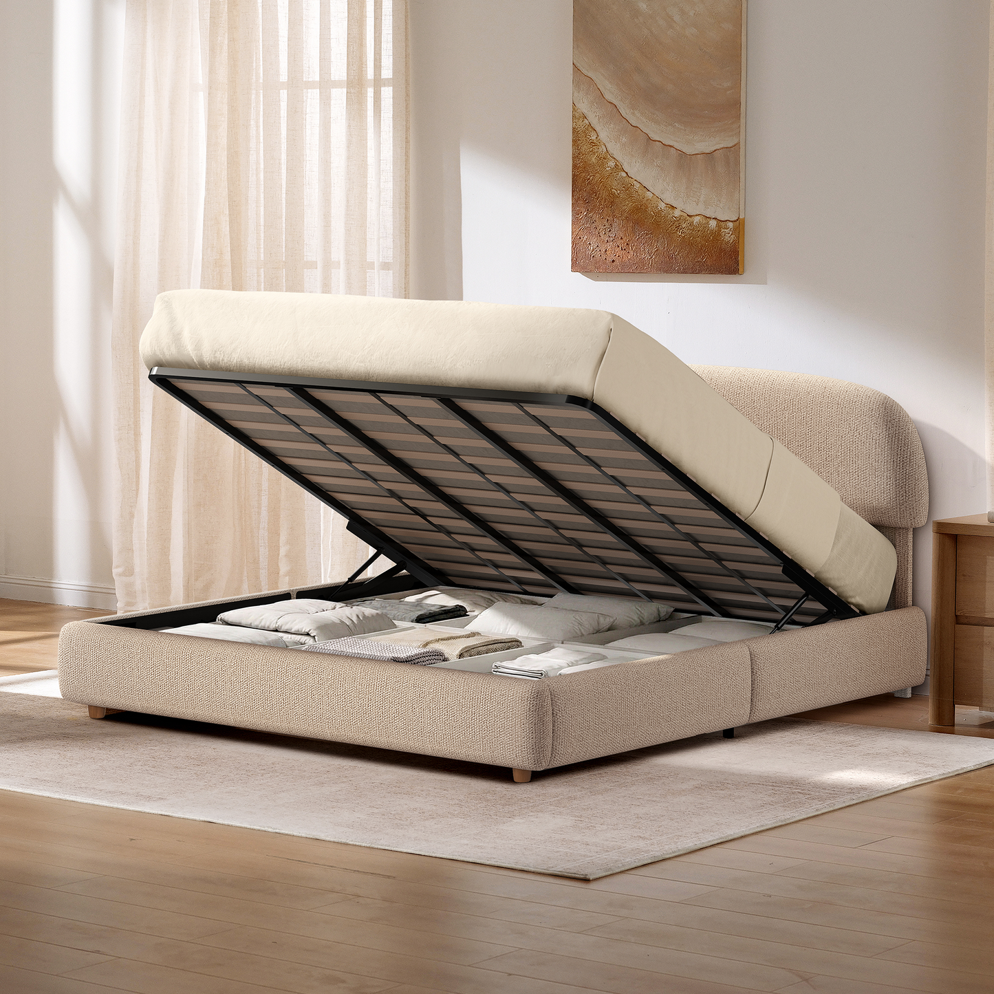 Elara King Lift-Up Storage Bed Frame with Adjustable Headboard, Brown