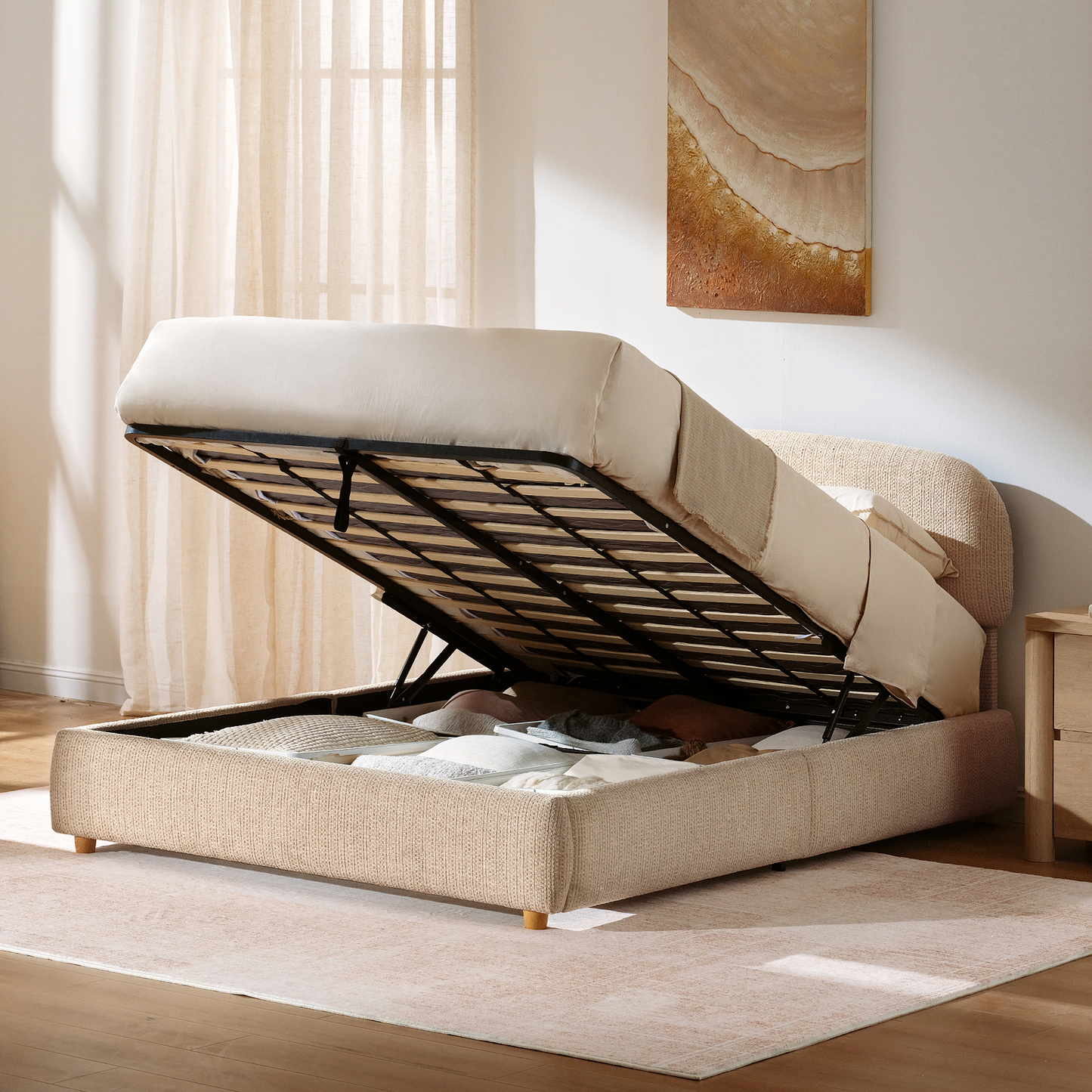 Elara Queen Lift-Up Storage Bed Frame with Adjustable Headboard, Brown