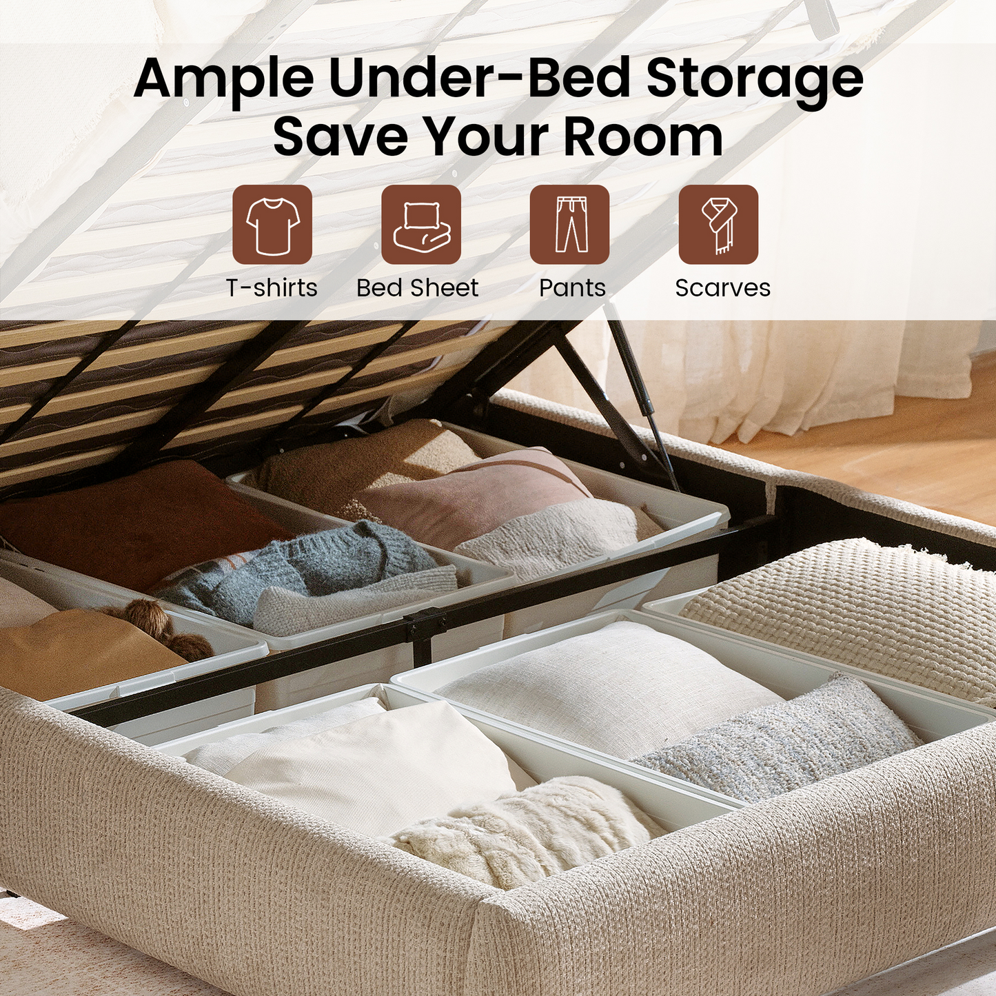 Elara Queen Lift-Up Storage Bed Frame with Adjustable Headboard, Brown