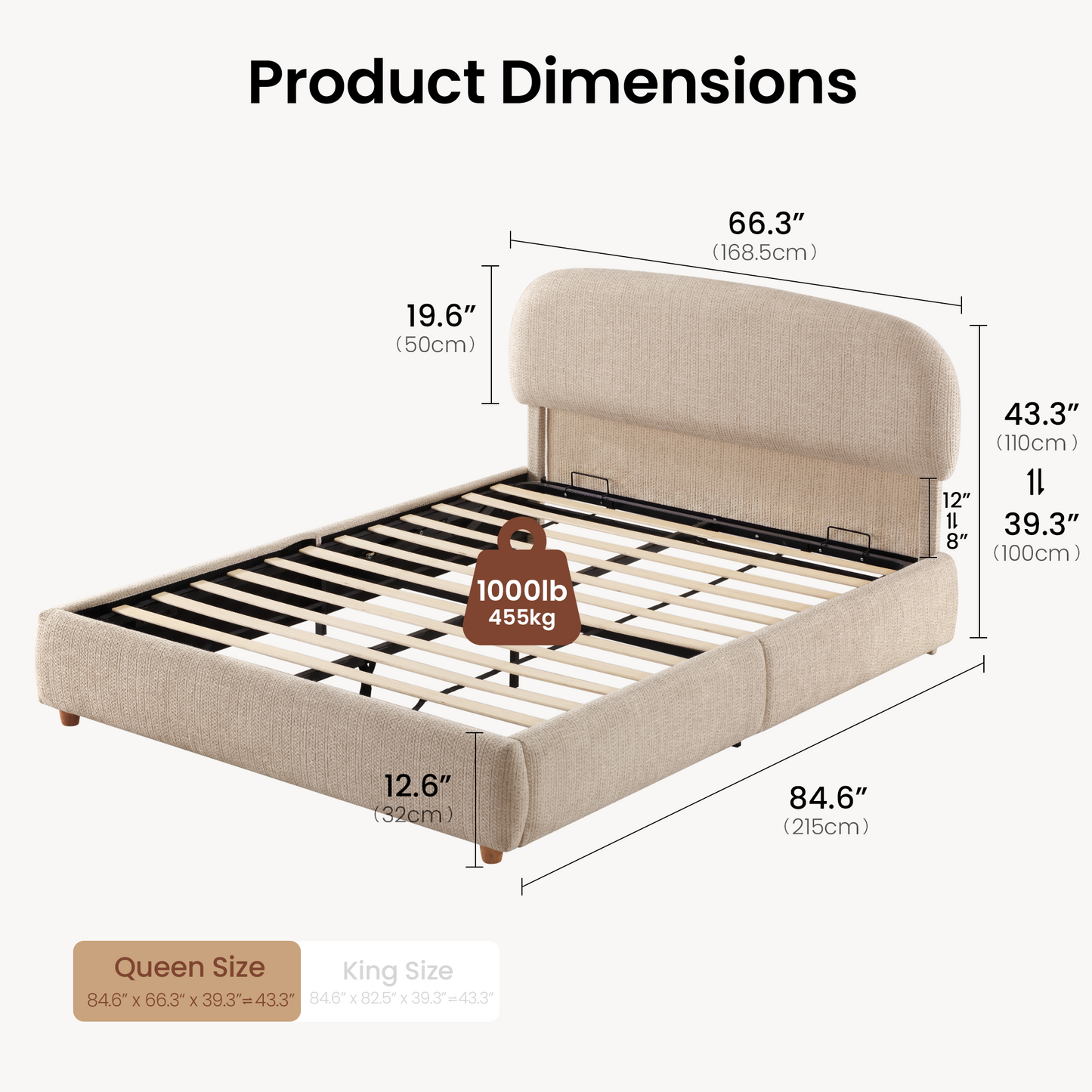 Elara Queen Lift-Up Storage Bed Frame with Adjustable Headboard, Brown