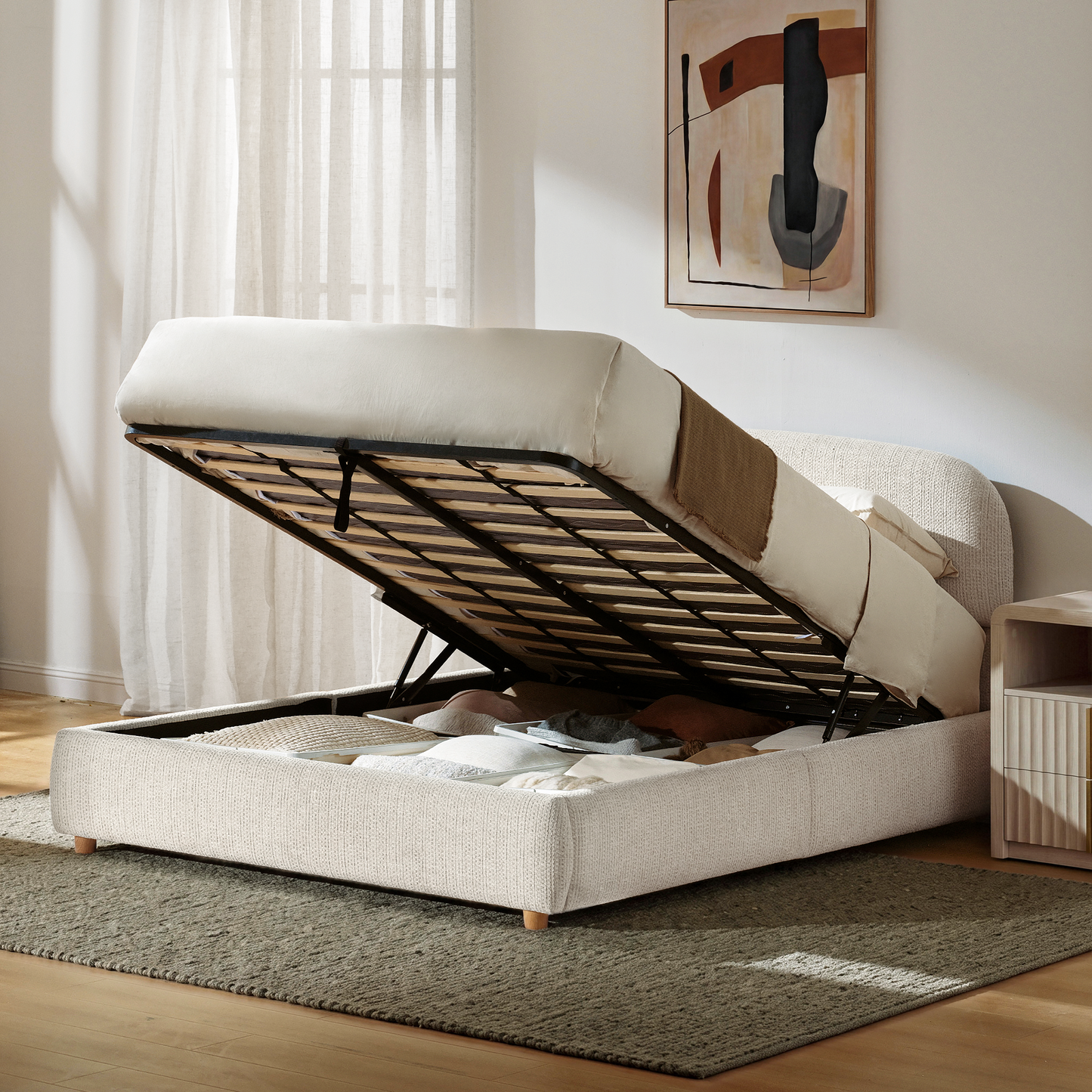 Elara Queen Lift-Up Storage Bed Frame with Adjustable Headboard, Grey