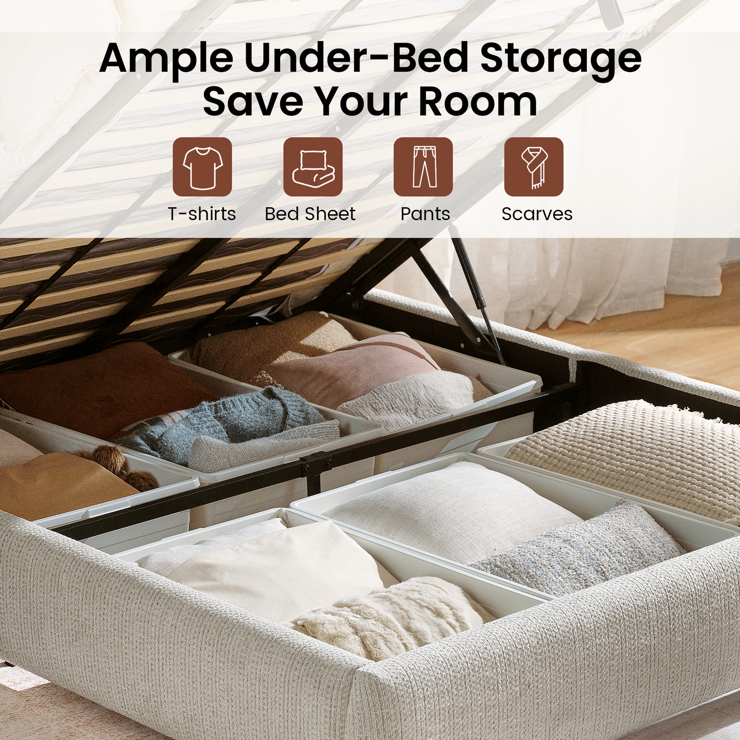 Elara Queen Lift-Up Storage Bed Frame with Adjustable Headboard, Grey