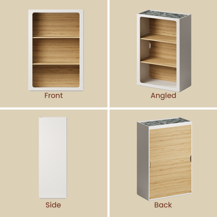 White open shelving cabinet with wood-tone interior and dark patterned top, Front, angled, side, and back views