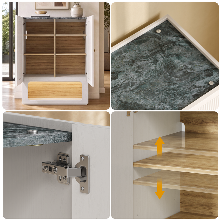 Four panels show an open cabinet, shelves, and a mottled top, Close-ups show a hinge and shelf arrows