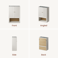 Four panels show front, angled, side, and back cabinet views, Cabinet has two ribbed doors and an open lower shelf