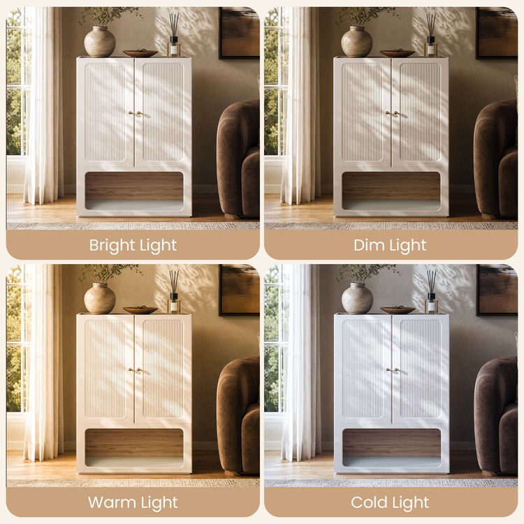 Four panels show a white cabinet under different lighting, The cabinet has ribbed doors and an open lower shelf
