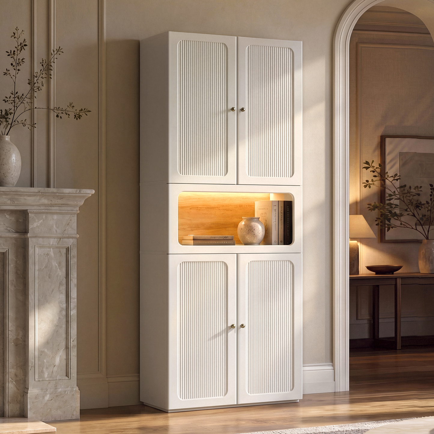 FlexMod 78.1" Modular Tall Storage Cabinet with Scalloped Doors, Drawers & Open Nook