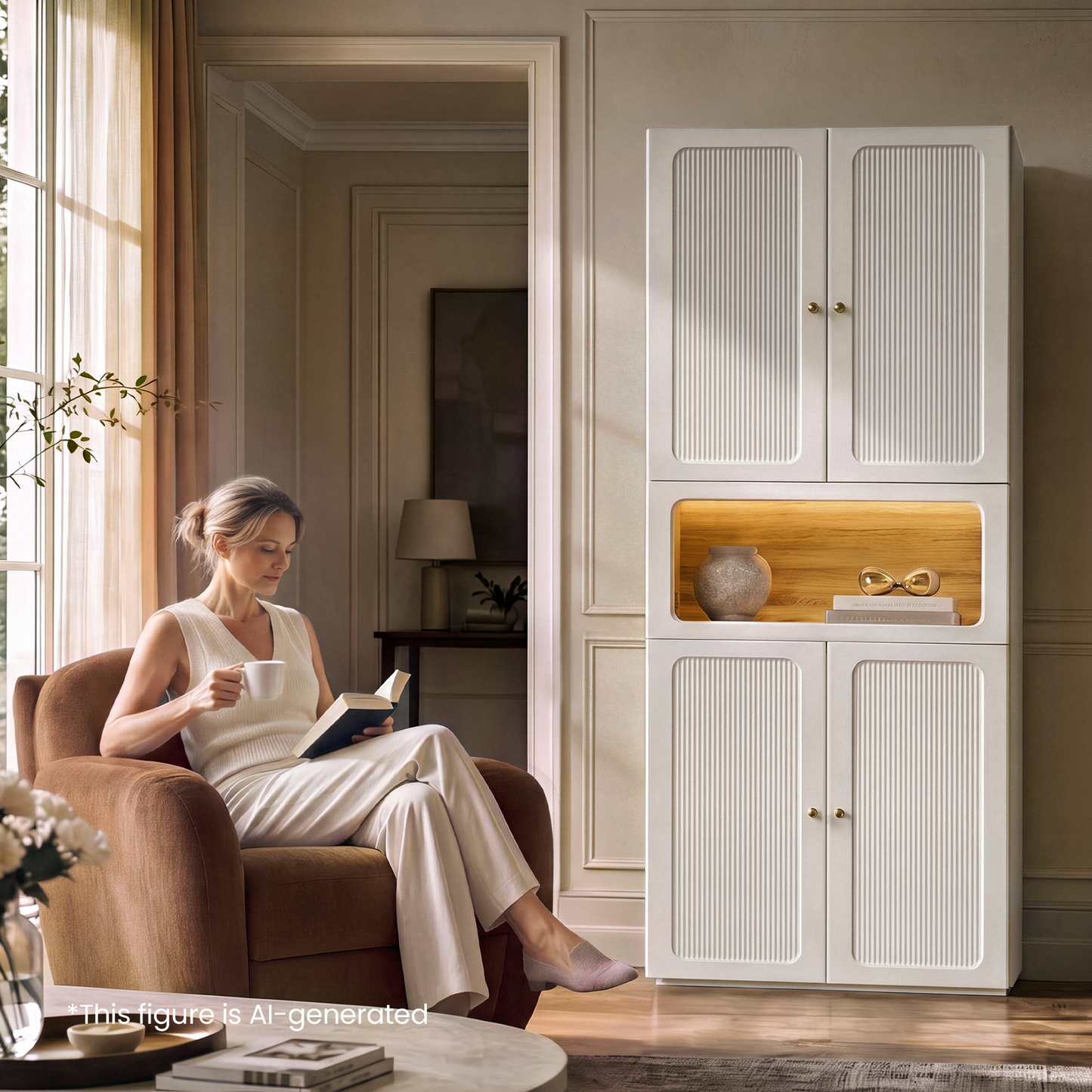 FlexMod 78.1" Modular Tall Storage Cabinet with Scalloped Doors, Drawers & Open Nook