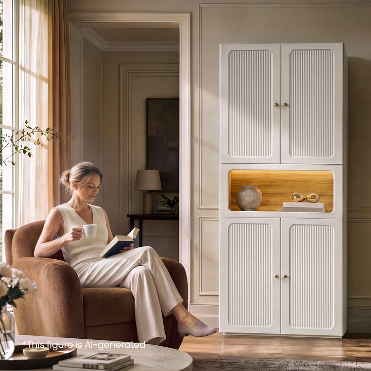 FlexMod 78.1" Modular Tall Storage Cabinet with Scalloped Doors, Drawers & Open Nook