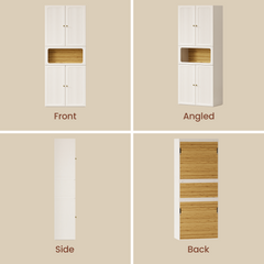 Tall white cabinet shown from front, angled, side, and back views