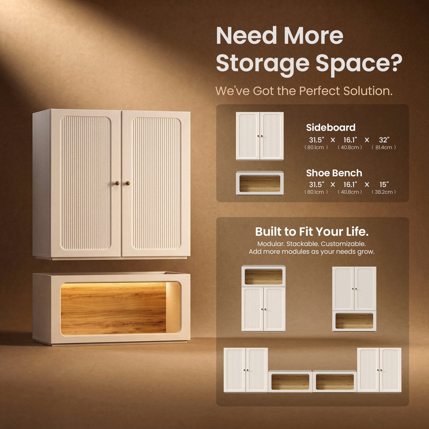 FlexMod 46.5" Modular Scalloped Shoe Cabinet with Soft-Close Doors & Open Storage