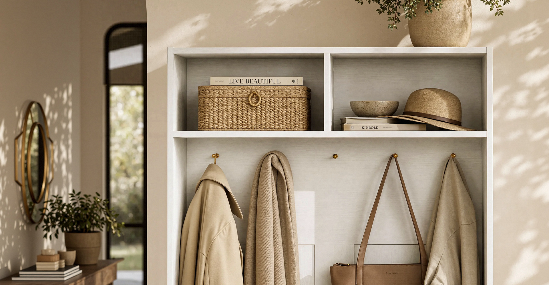 BUILT-IN STORAGE AND TEXTURED METAL HOOKS