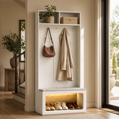 The hall tree includes two upper cubbies, five hooks, a padded bench, and a lower shoe compartment