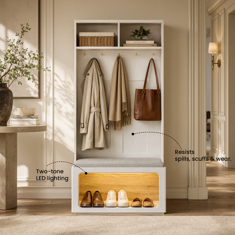 FlexMod 68.9" Modular Hall Tree with Coat Hooks, LED Storage Bench