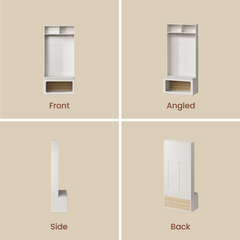Four panels show a tall white entry storage unit, Upper cubbies, hooks, a bench, and lower shelf are visible
