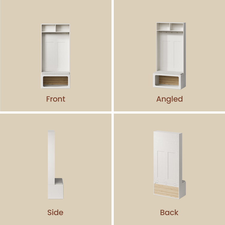 Four panels show a tall white entry storage unit, Upper cubbies, hooks, a bench, and lower shelf are visible