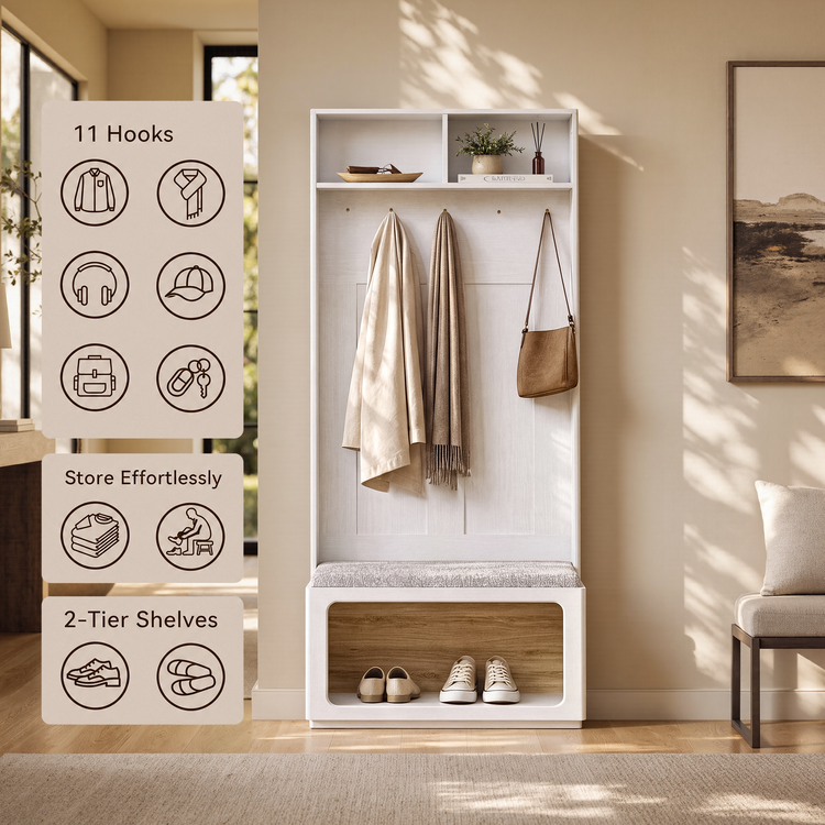FlexMod 68.9" Modular Hall Tree with Coat Hooks, LED Storage Bench