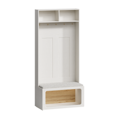 White hall tree with two upper cubbies, gold-tone hooks and a cushioned bench above open shoe storage