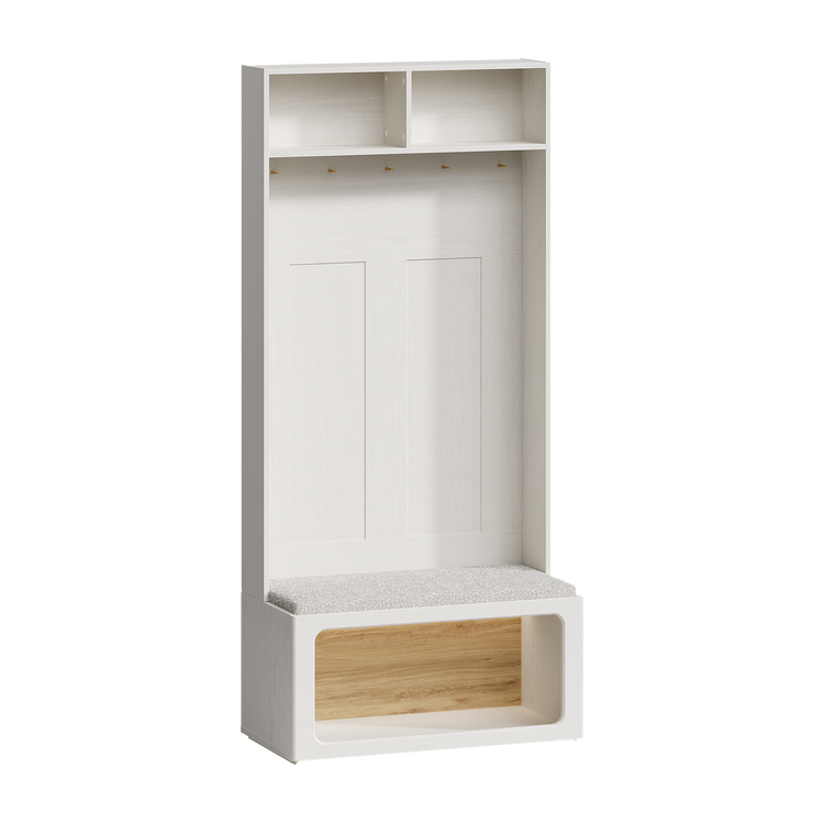 White hall tree with two upper cubbies, gold-tone hooks and a cushioned bench above open shoe storage