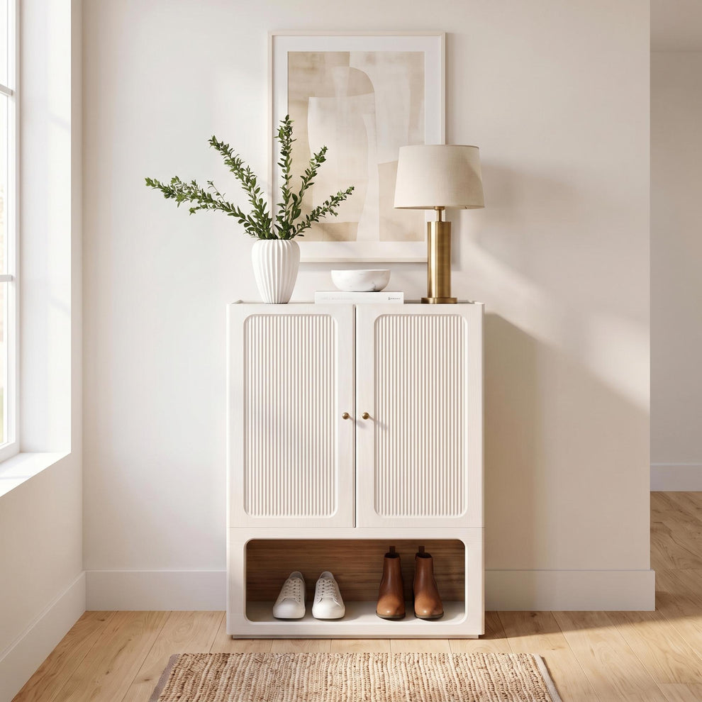 Shoe Cabinet, 46.5" Modular Scalloped with Soft-Close Doors & Open Storage, FlexMod Collection