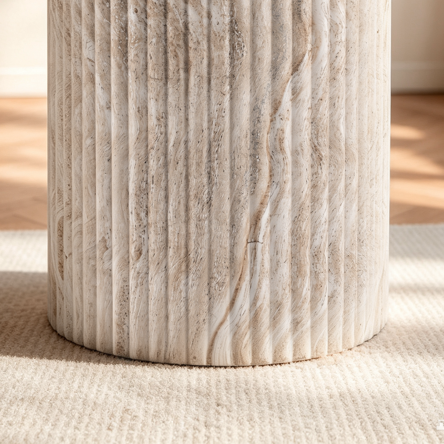 [Pre-Sale] Fluted Drum Round Side Table - Beige Travertine-Look Finish