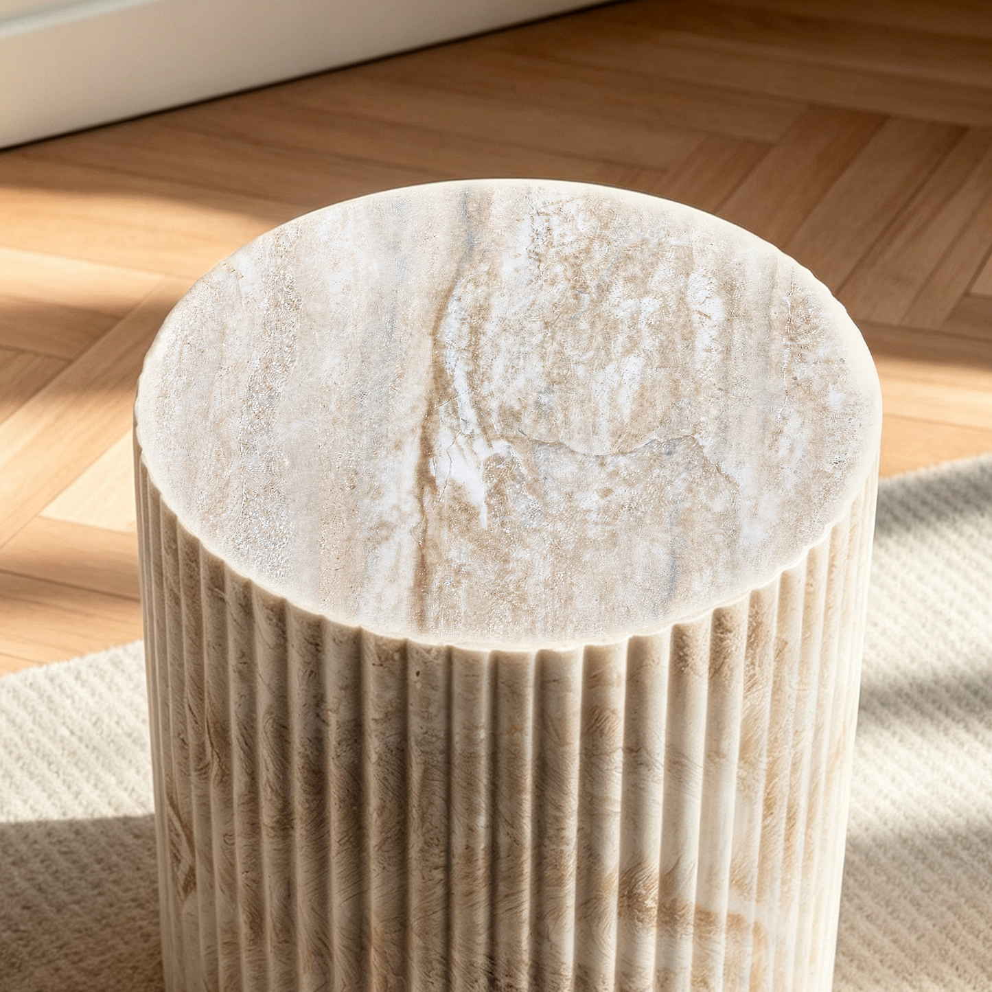 [Pre-Sale] Fluted Drum Round Side Table - Beige Travertine-Look Finish