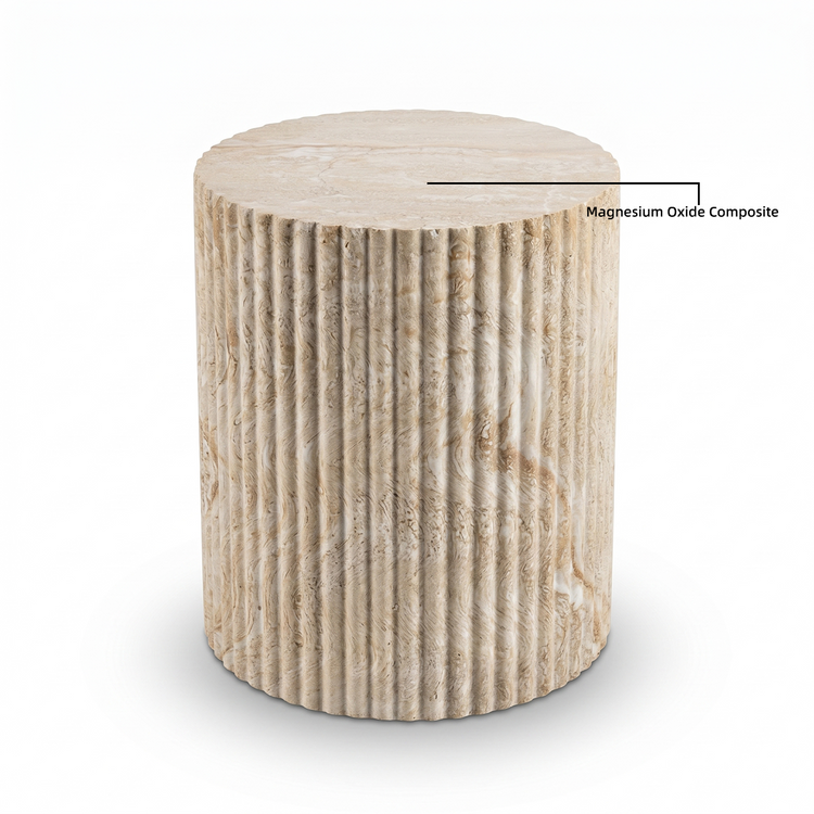 Fluted Drum Round Side Table - Beige Travertine-Look Finish