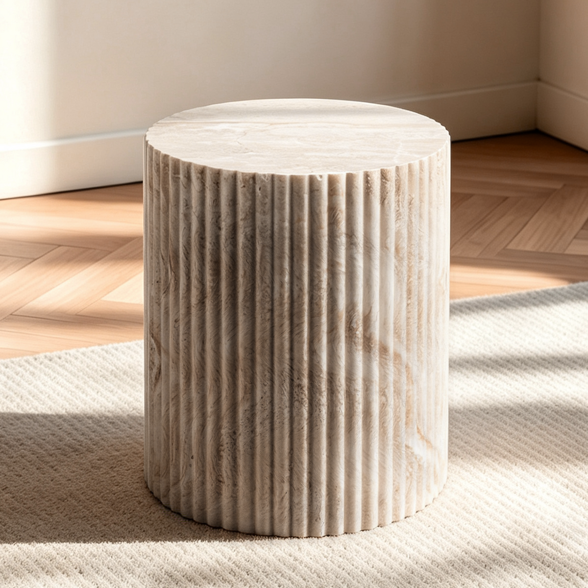 Beige drum side table with vertical fluting and a pale patterned round top on a sunlit rug