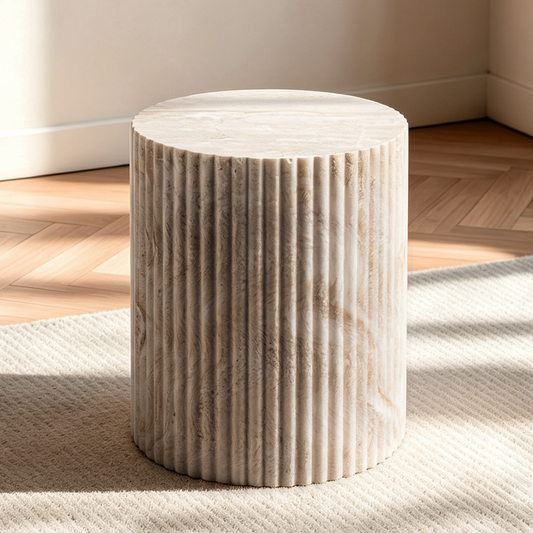 Fluted Drum Round Side Table - Beige Travertine-Look Finish