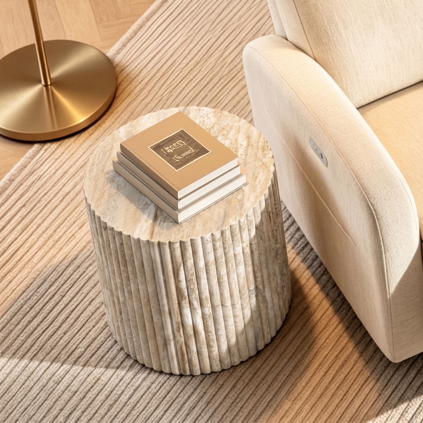 [Pre-Sale] Fluted Drum Round Side Table - Beige Travertine-Look Finish