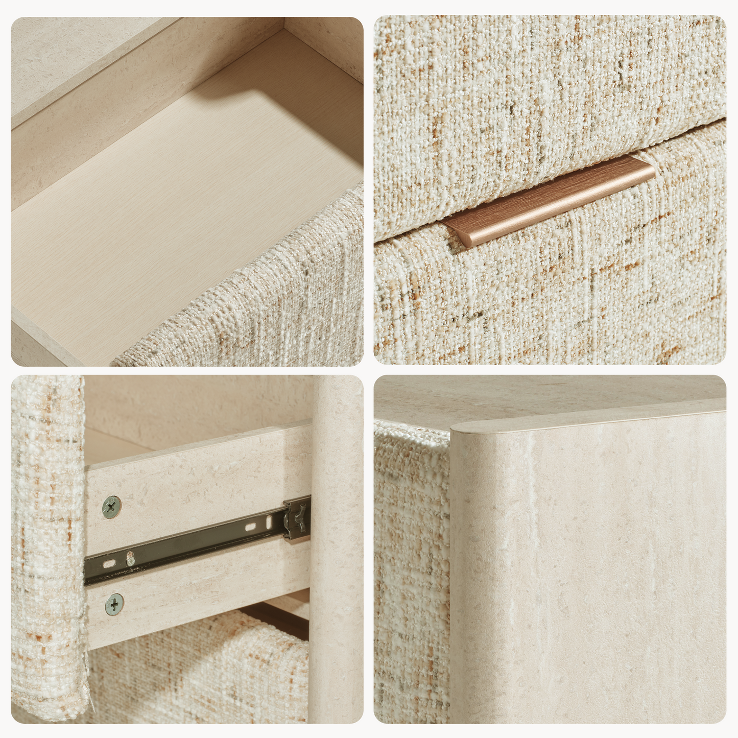 Freya Nightstand with Raised Side Panels & Travertine Accents - Sandstone Beige