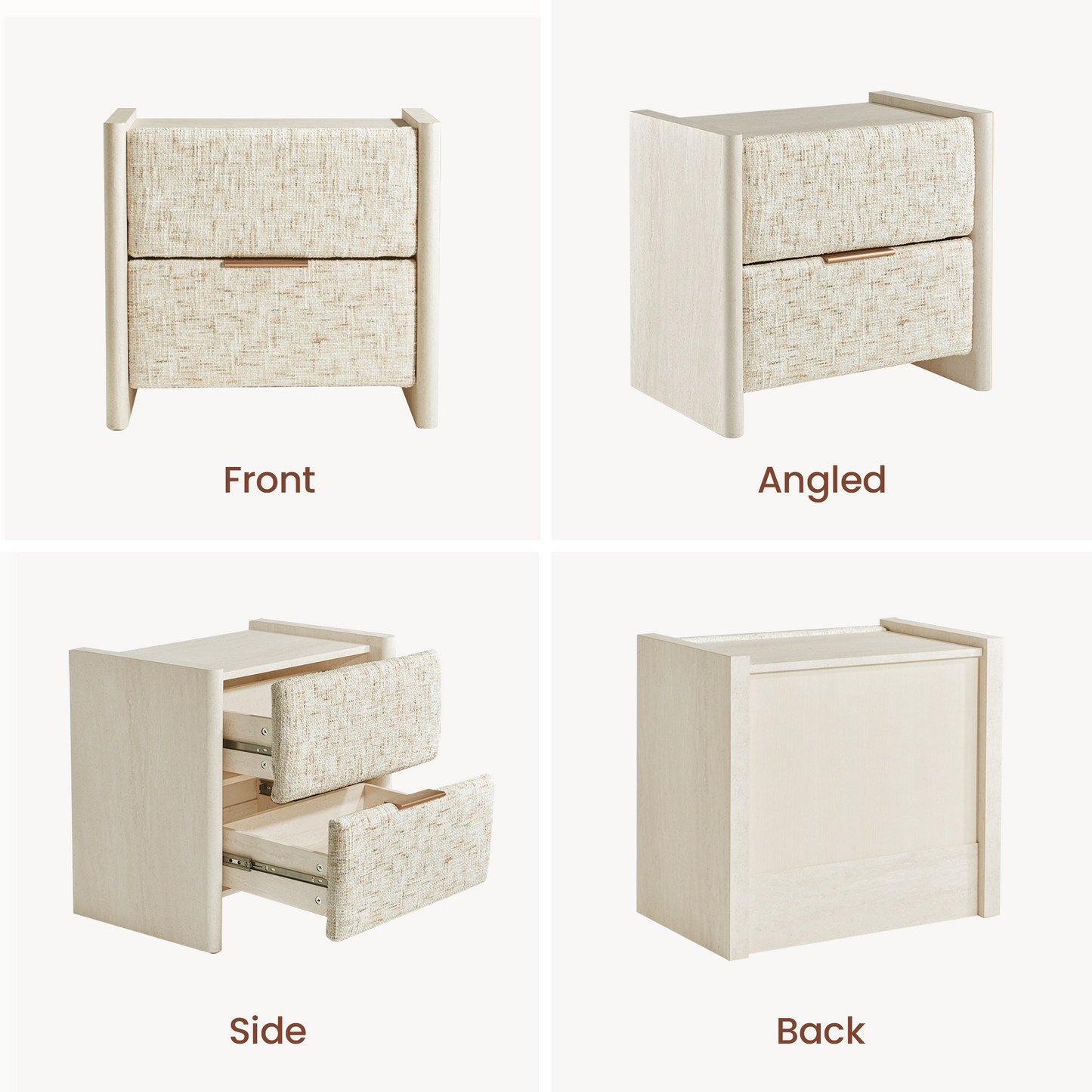 Freya Nightstand with Raised Side Panels & Travertine Accents - Sandstone Beige