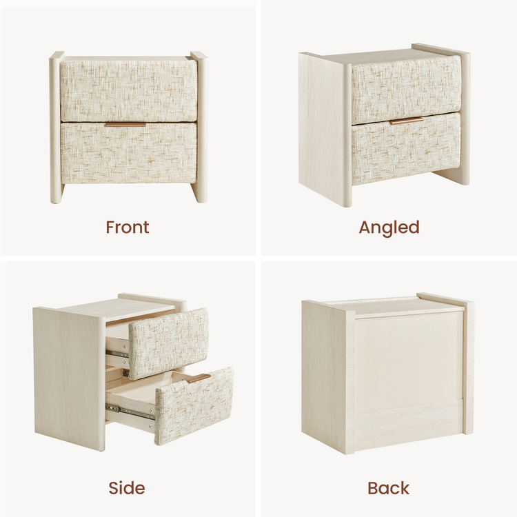 Freya Nightstand with Raised Side Panels & Travertine Accents - Sandstone Beige