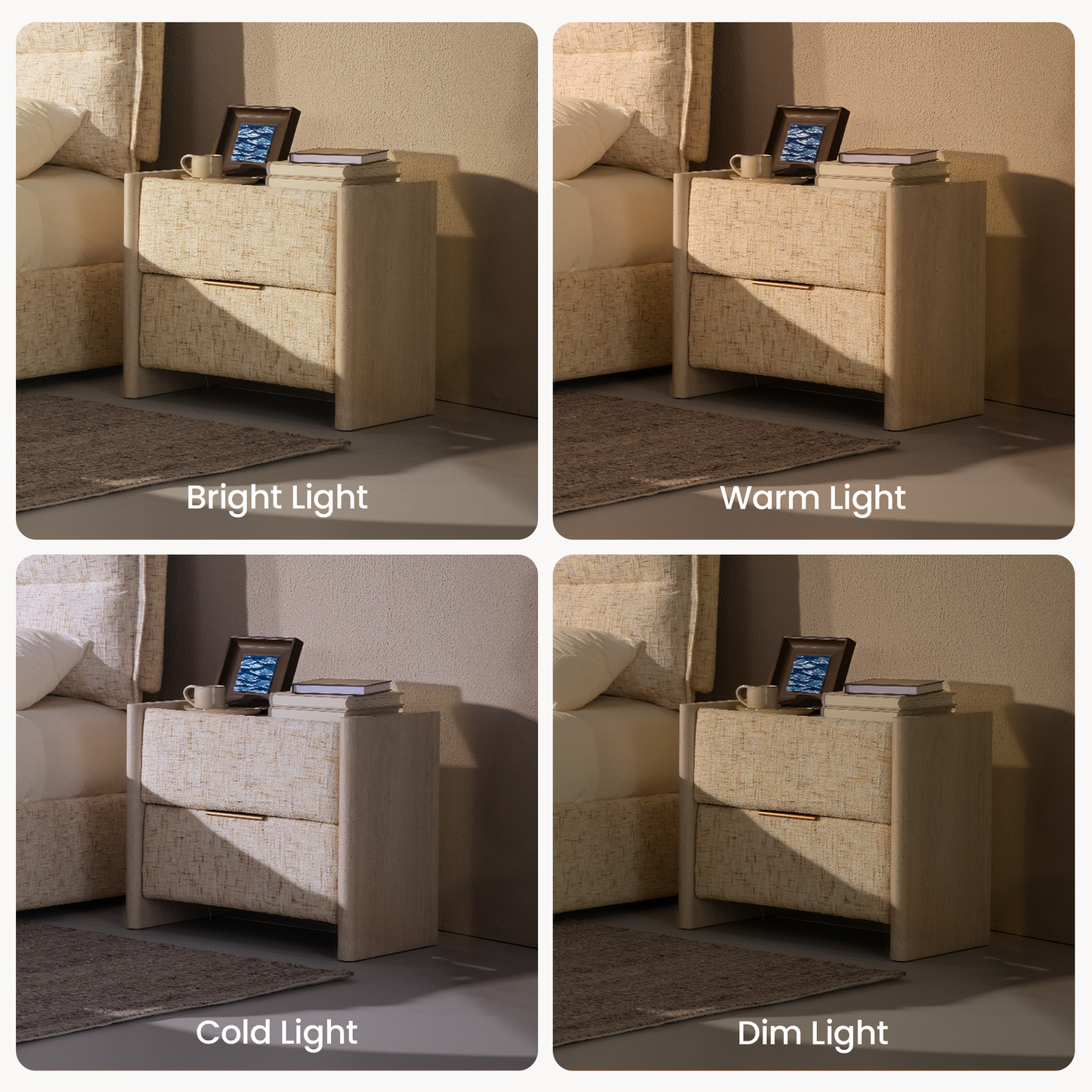 Freya Nightstand with Raised Side Panels & Travertine Accents - Sandstone Beige
