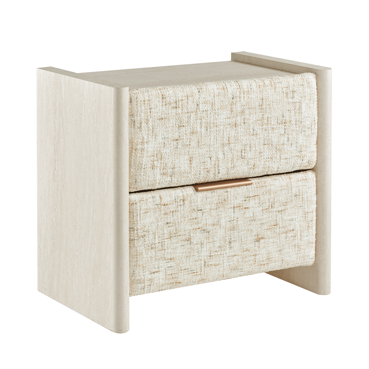 Freya Nightstand with Raised Side Panels & Travertine Accents - Sandstone Beige
