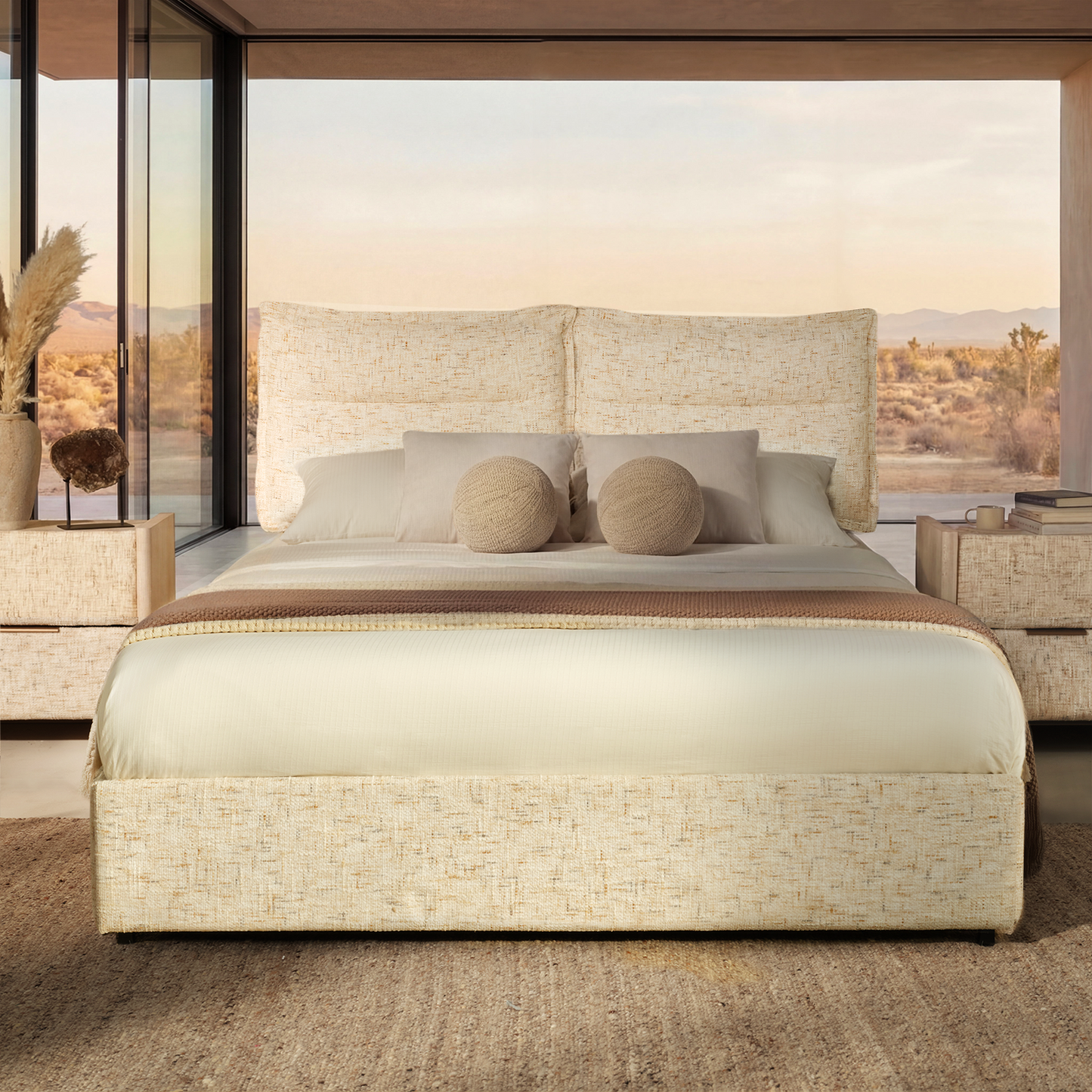Freya Queen Upholstered Storage Bed Frame with 4 Drawers, Sandstone Beige