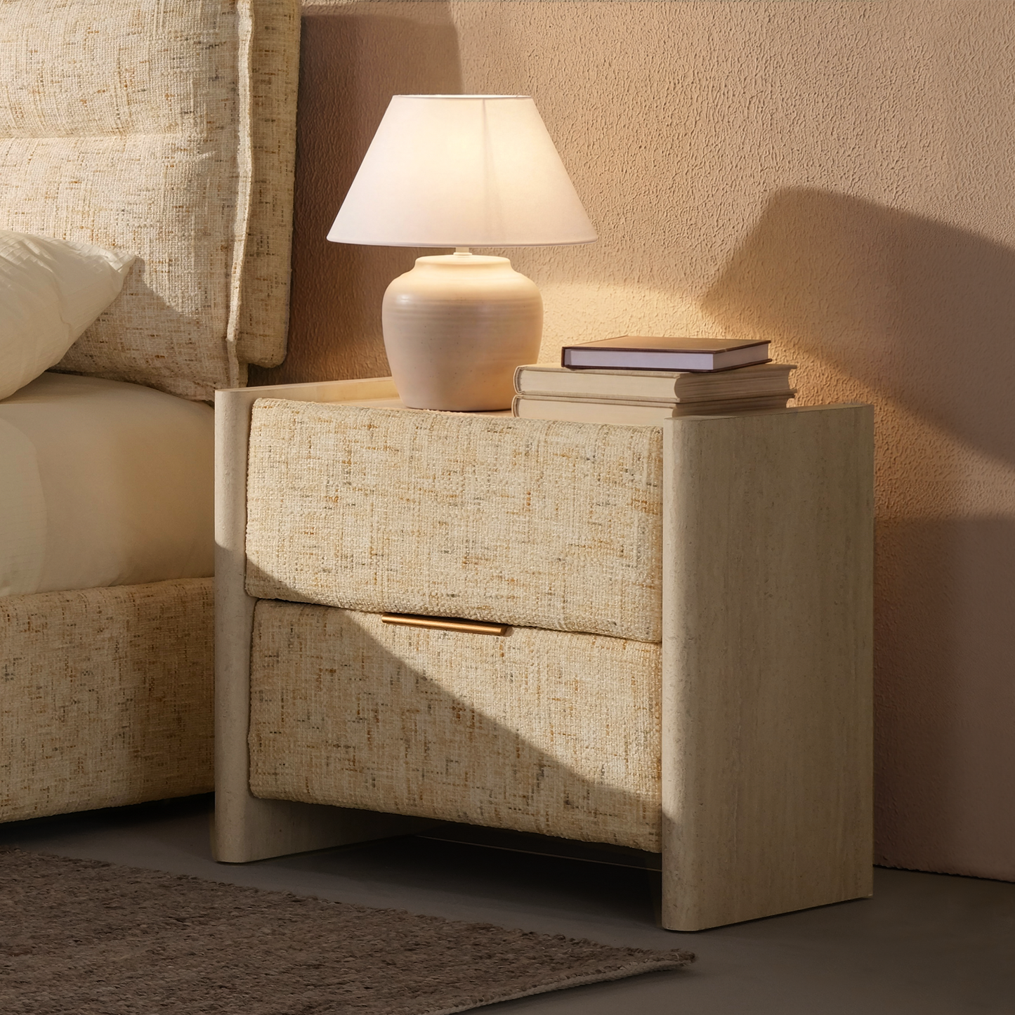 Freya Nightstand with Raised Side Panels & Travertine Accents - Sandstone Beige