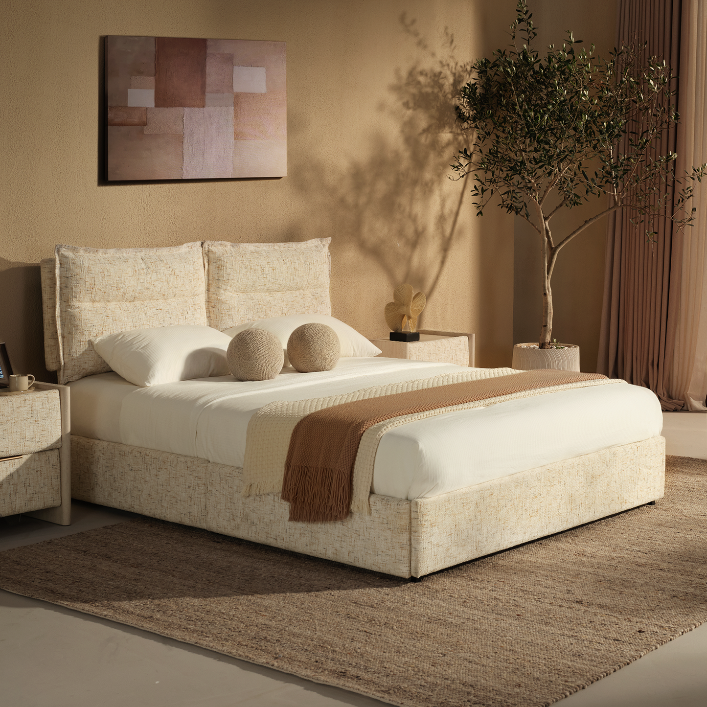 Freya Queen Upholstered Storage Bed Frame with 4 Drawers, Sandstone Beige