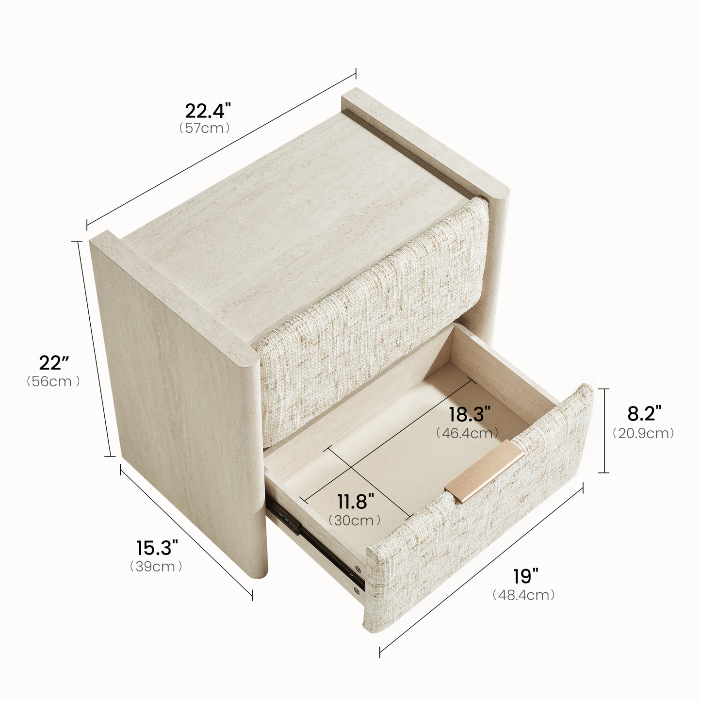 Freya Nightstand with Raised Side Panels & Travertine Accents - Sandstone Beige